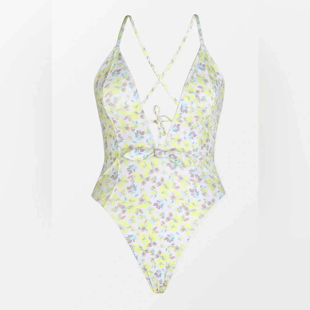 Cupshe Itsy Ditsy Tie‎ Front Plunge One Piece Swimsuit